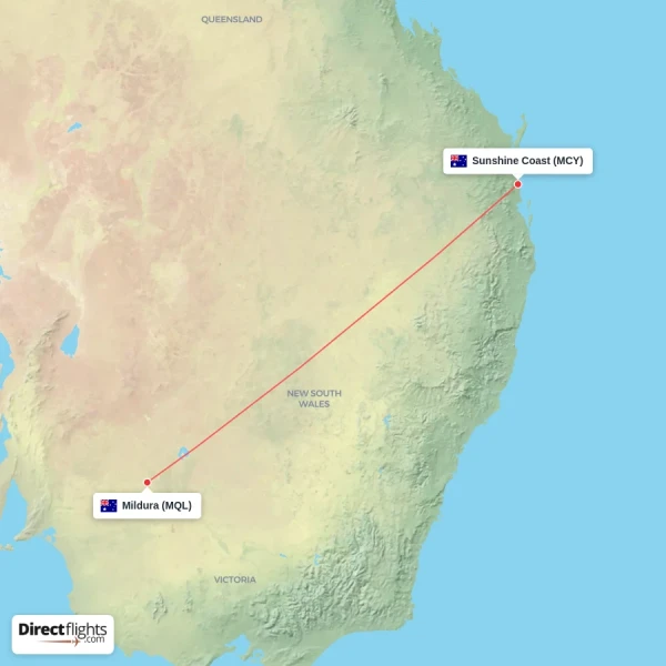 Mildura - Sunshine Coast direct flight map