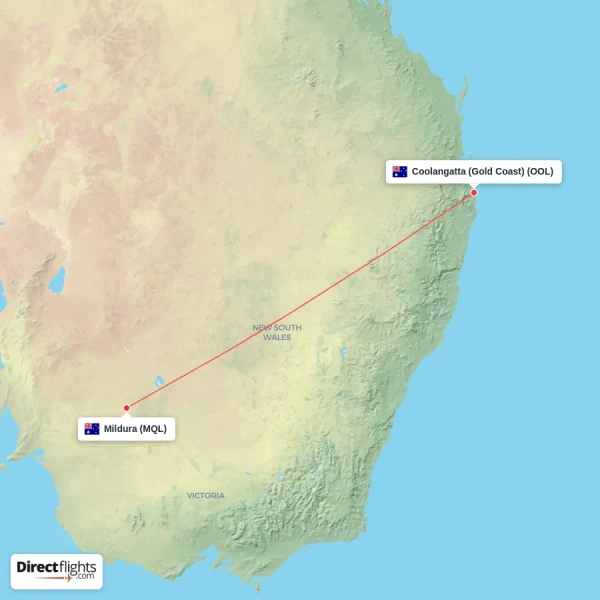 Mildura - Coolangatta (Gold Coast) direct flight map