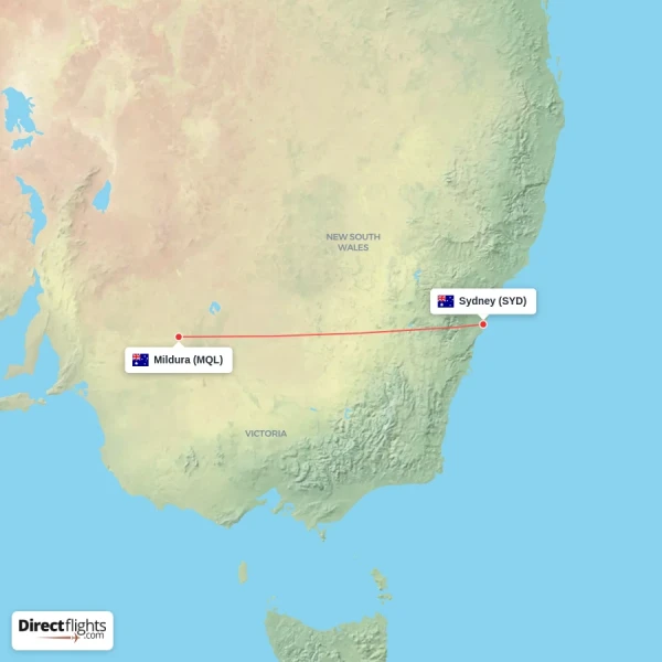Mildura - Sydney direct flight map