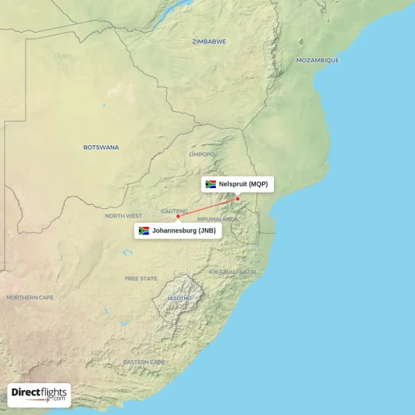 Nelspruit - Johannesburg direct flight map