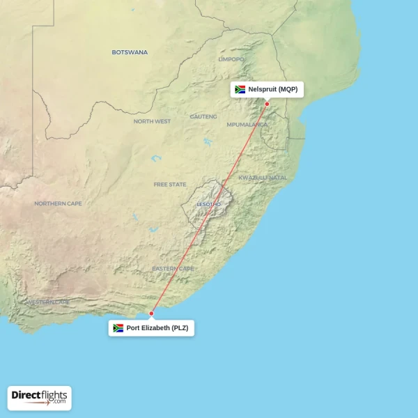 Nelspruit - Port Elizabeth direct flight map