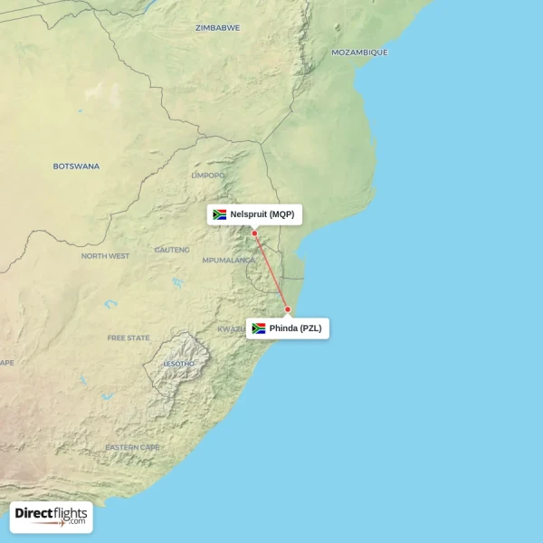 Nelspruit - Phinda direct flight map