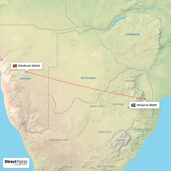 Nelspruit - Windhoek direct flight map
