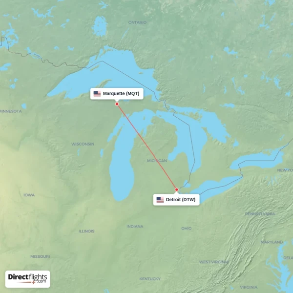 Marquette - Detroit direct flight map