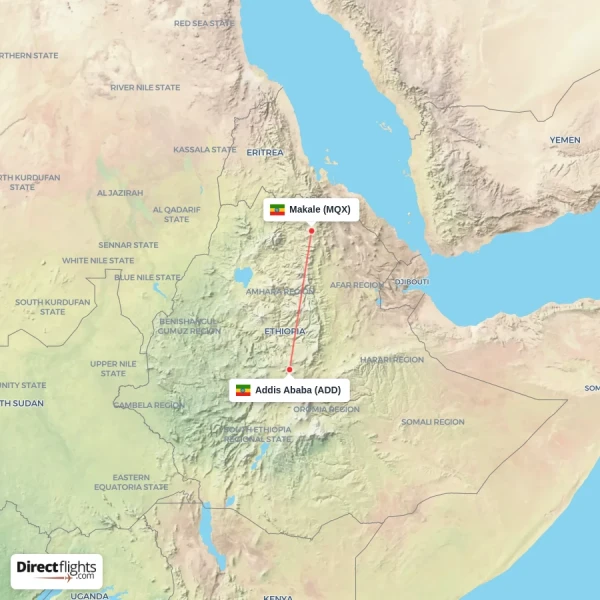 Makale - Addis Ababa direct flight map