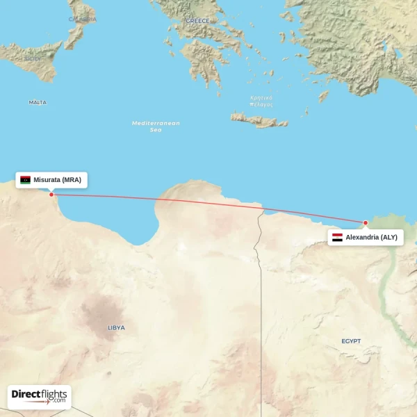 Misurata - Alexandria direct flight map