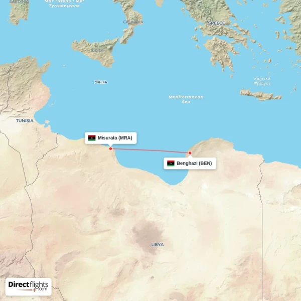 Misurata - Benghazi direct flight map