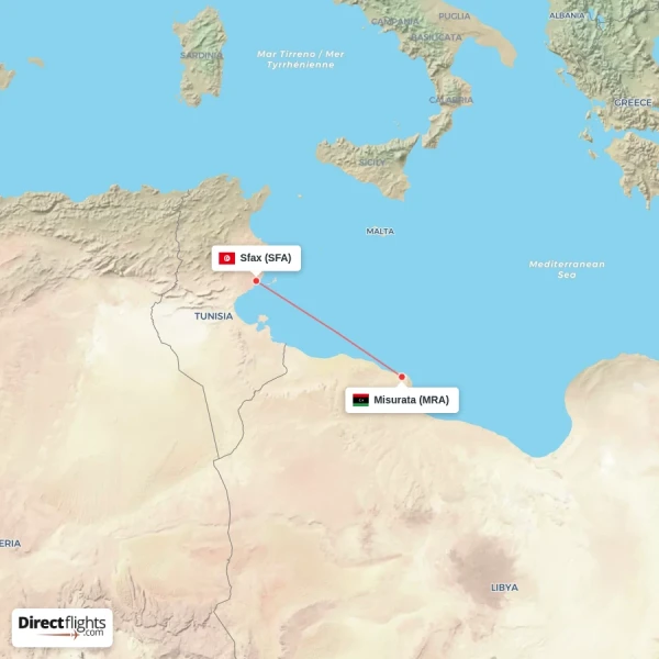Misurata - Sfax direct flight map
