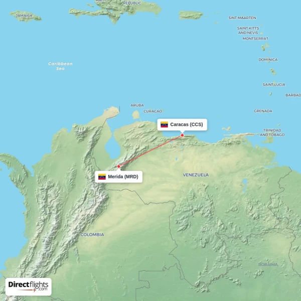 Merida - Caracas direct flight map