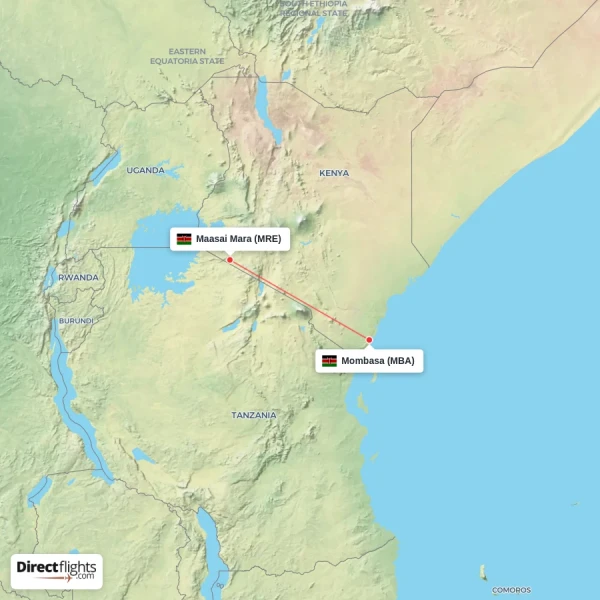 Maasai Mara - Mombasa direct flight map