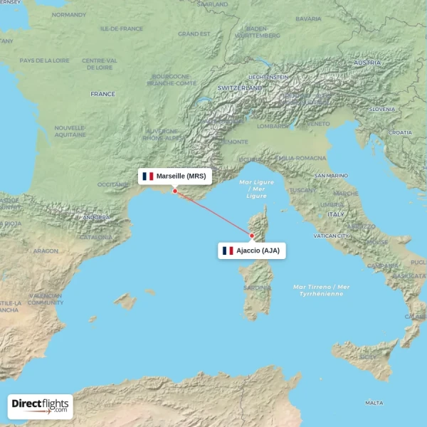 Marseille - Ajaccio direct flight map