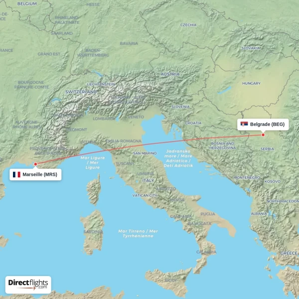 Marseille - Belgrade direct flight map
