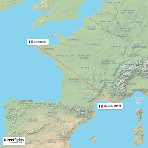 Marseille - Brest direct flight map