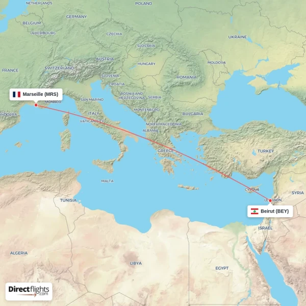 Marseille - Beirut direct flight map
