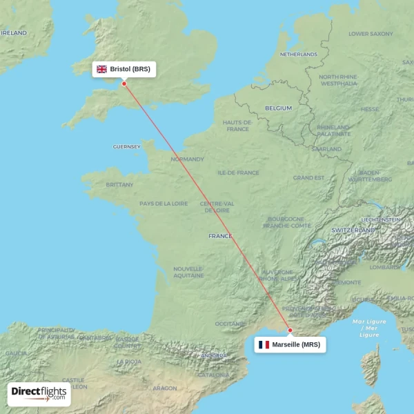 Marseille - Bristol direct flight map