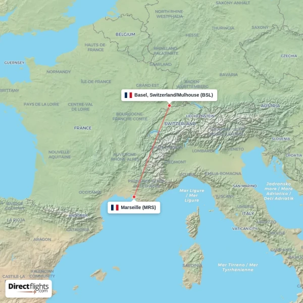 Marseille - Basel, Switzerland/Mulhouse direct flight map