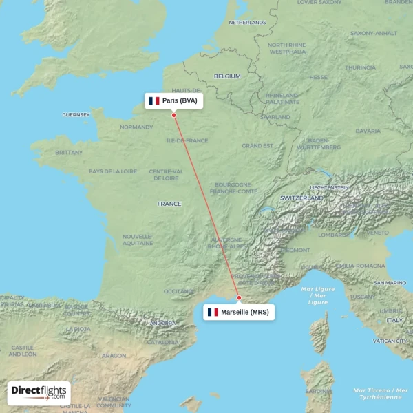 Marseille - Paris direct flight map