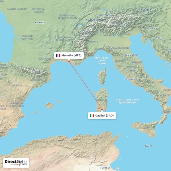 Marseille - Cagliari direct flight map