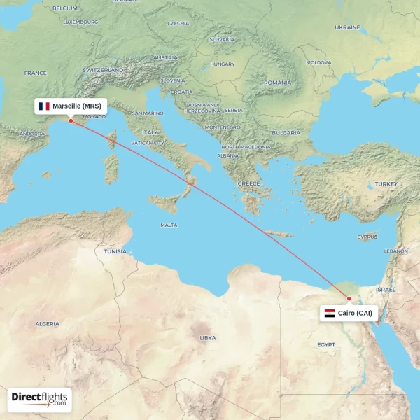 Marseille - Cairo direct flight map