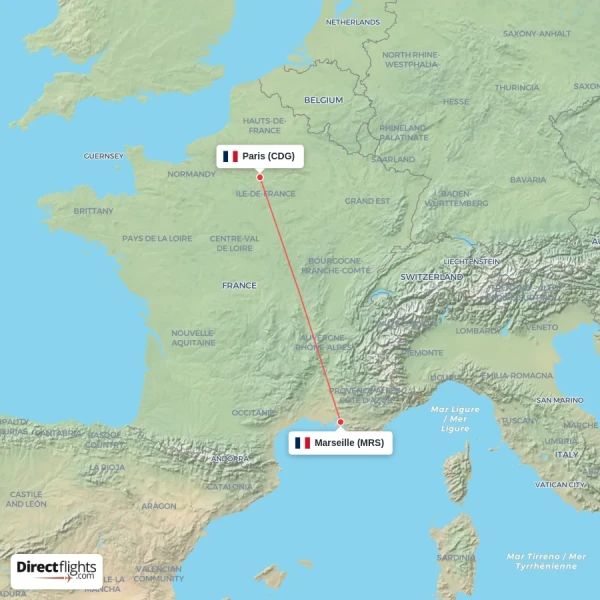 Marseille - Paris direct flight map