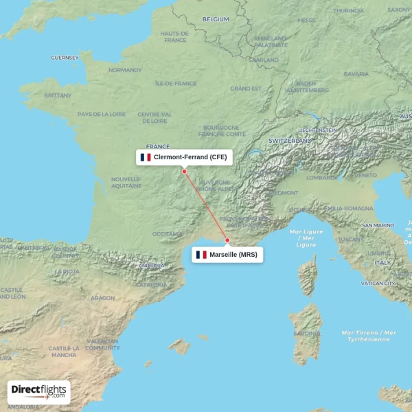 Marseille - Clermont-Ferrand direct flight map