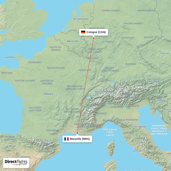 Marseille - Cologne direct flight map