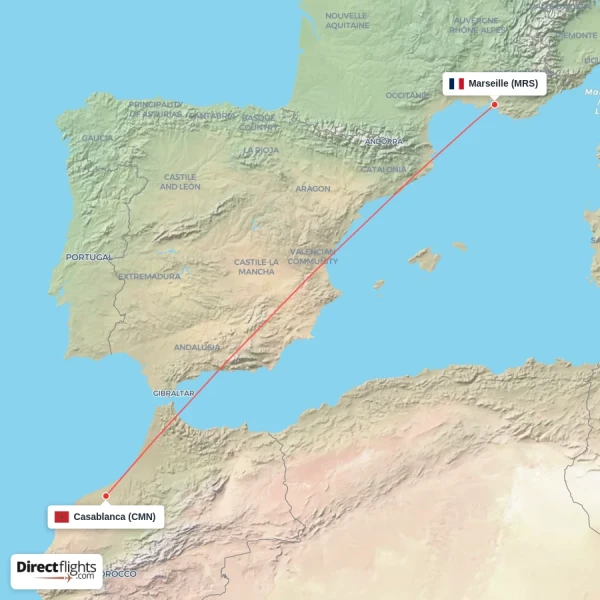 Marseille - Casablanca direct flight map