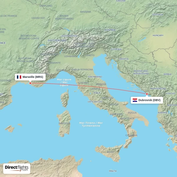 Marseille - Dubrovnik direct flight map