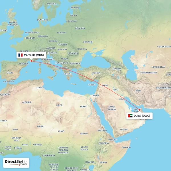 Marseille - Dubai direct flight map