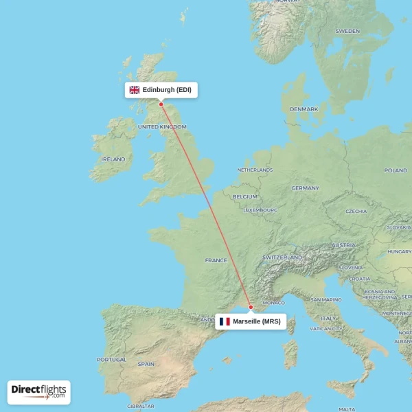Marseille - Edinburgh direct flight map