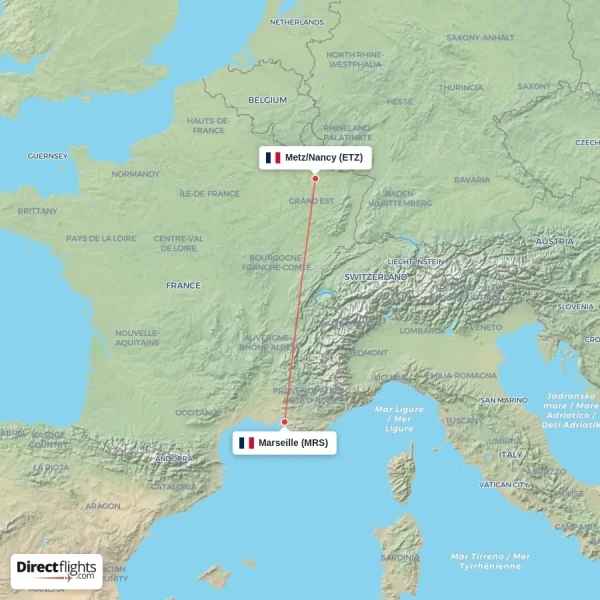 Marseille - Metz/Nancy direct flight map