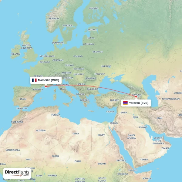 Marseille - Yerevan direct flight map