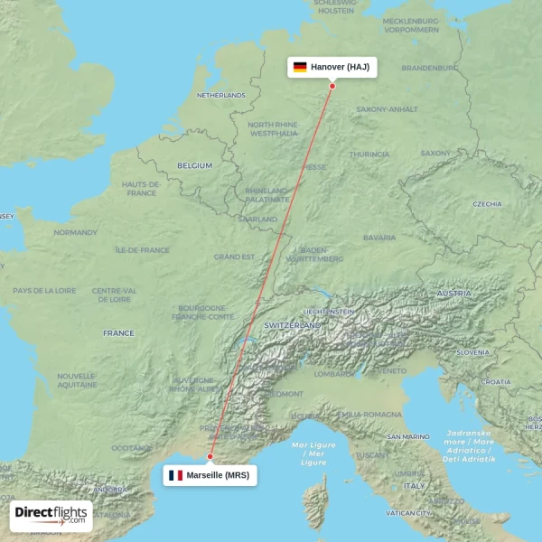 Marseille - Hanover direct flight map