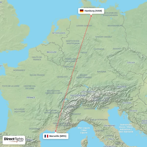Marseille - Hamburg direct flight map