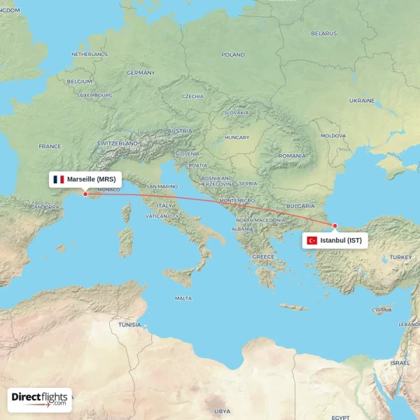 Marseille - Istanbul direct flight map