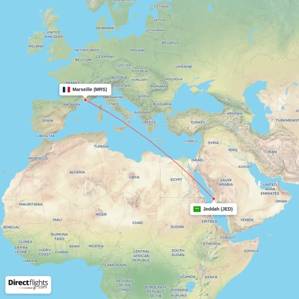 Marseille - Jeddah direct flight map
