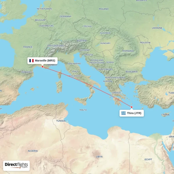 Marseille - Thira direct flight map