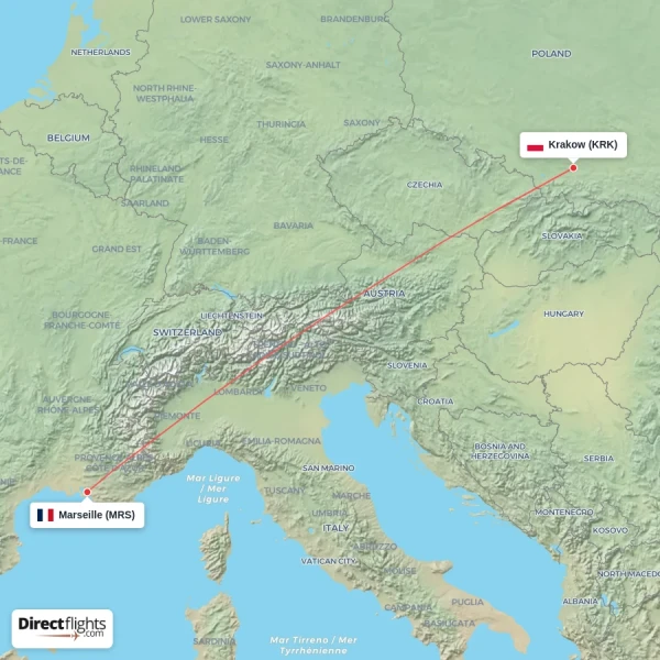 Marseille - Krakow direct flight map