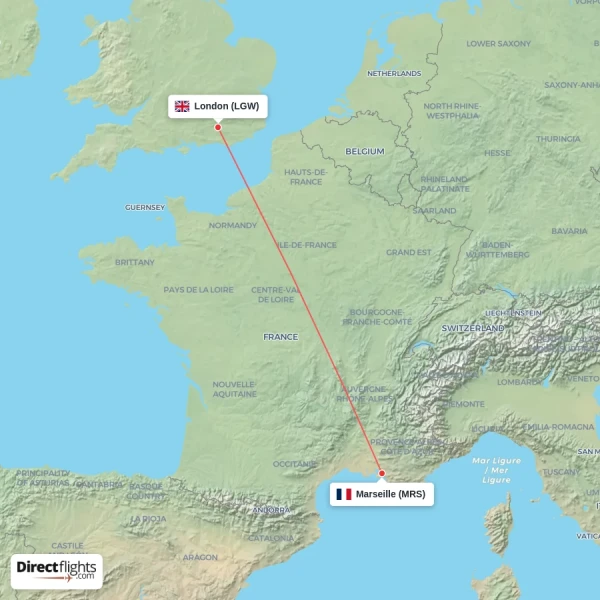 Marseille - London direct flight map