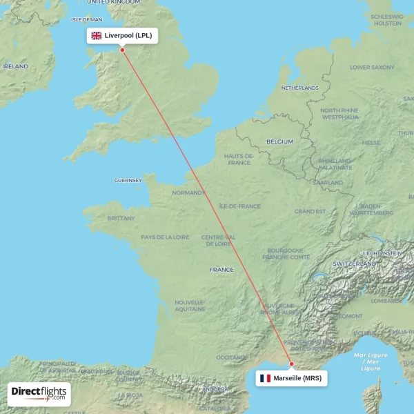 Marseille - Liverpool direct flight map