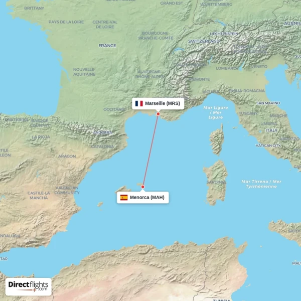 Marseille - Menorca direct flight map
