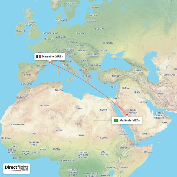Marseille - Madinah direct flight map