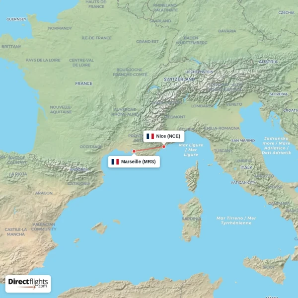 Marseille - Nice direct flight map
