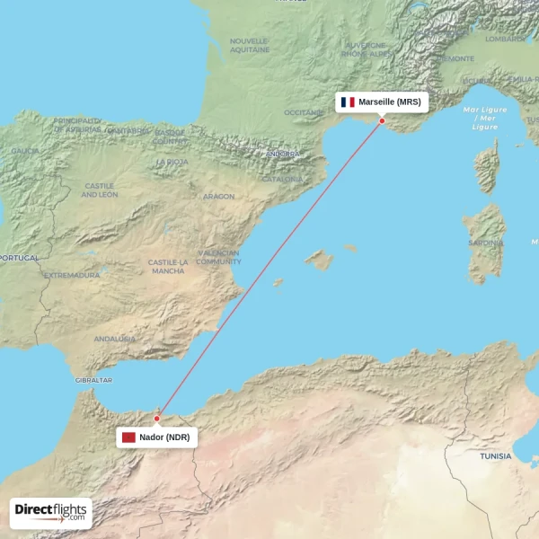Marseille - Nador direct flight map