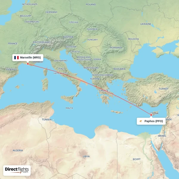 Marseille - Paphos direct flight map