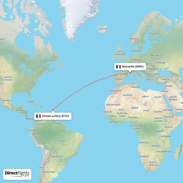 Marseille - Pointe-a-Pitre direct flight map