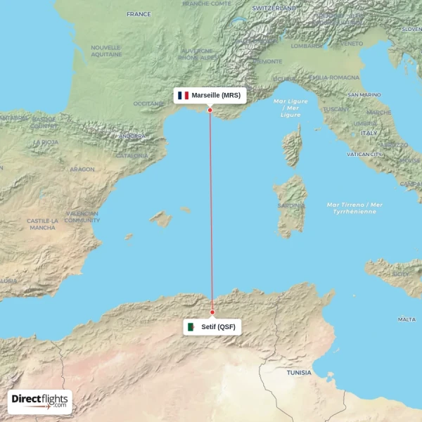 Marseille - Setif direct flight map