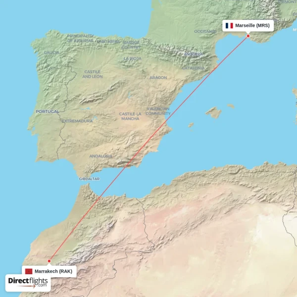 Marseille - Marrakech direct flight map