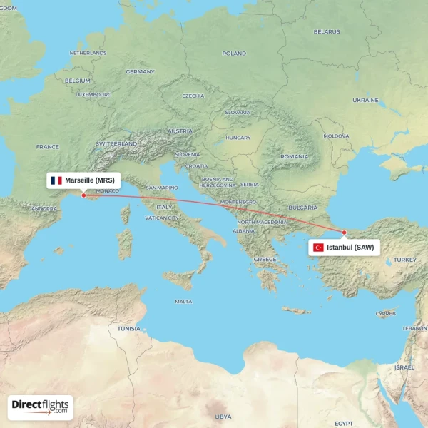 Marseille - Istanbul direct flight map