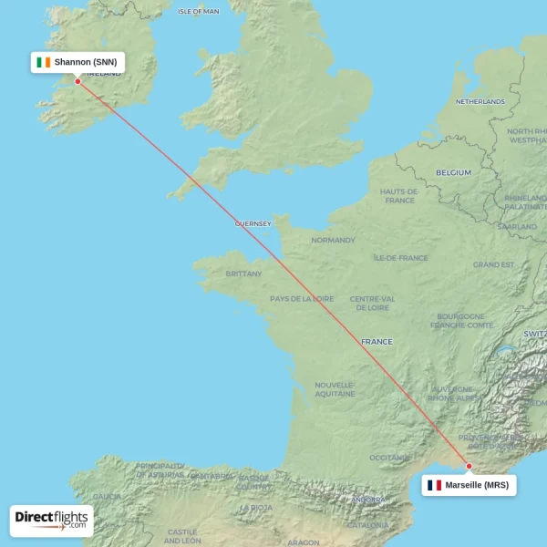 Marseille - Shannon direct flight map